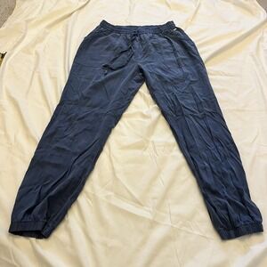 PINK Linen Blue Joggers Women Size Small Elastic Waist Drawstring Pockets Casual